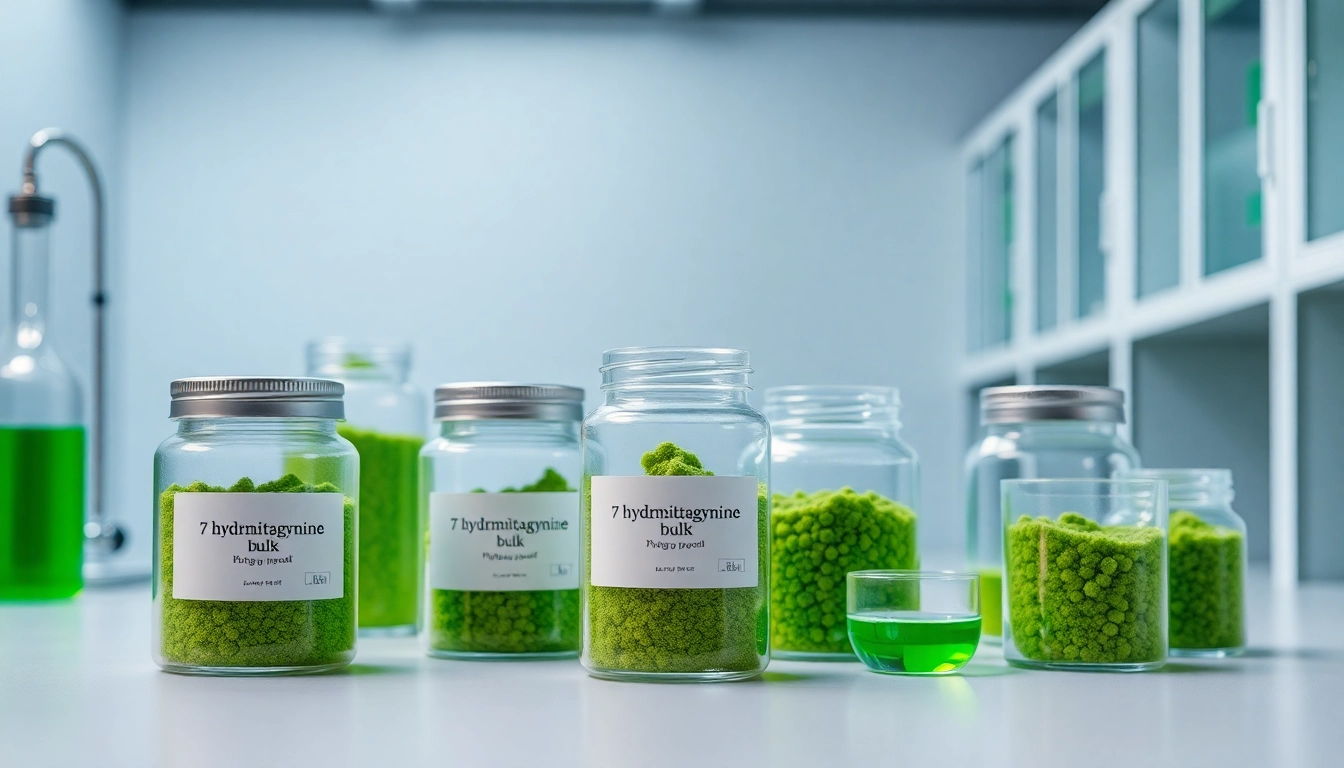 Showcasing 7 hydroxymitragynine bulk in sleek containers on a lab table, highlighting botanical purity.