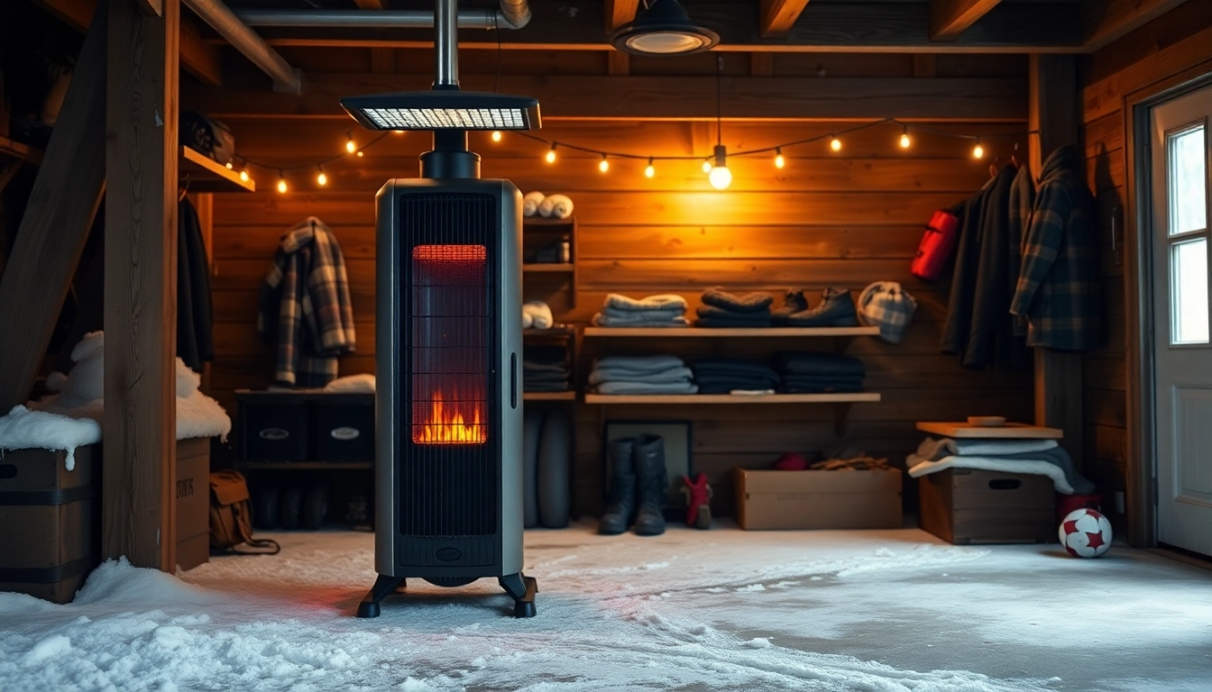 Efficient diesel heater warming a rustic garage during winter, providing cozy comfort.