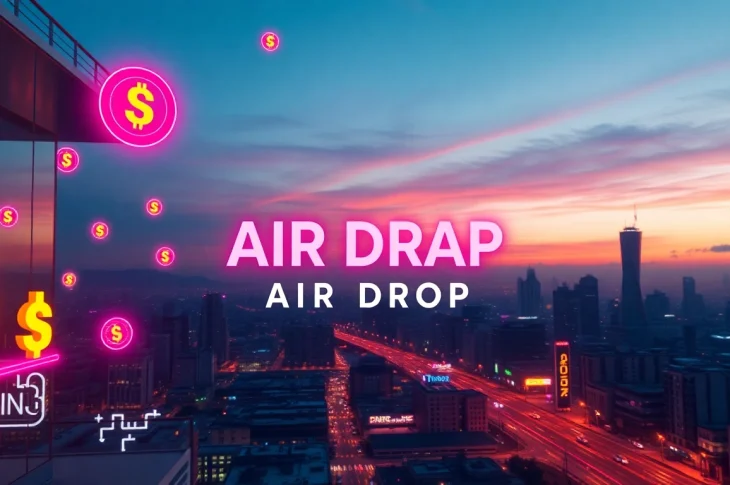 Join the Sidra Chain Air Drop event with vibrant cryptocurrency symbols in a futuristic setting.