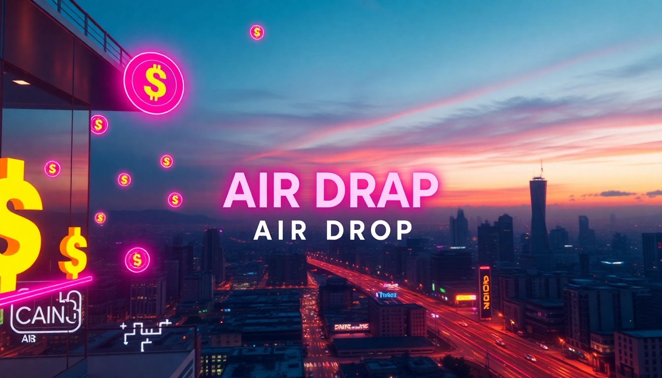 Join the Sidra Chain Air Drop event with vibrant cryptocurrency symbols in a futuristic setting.