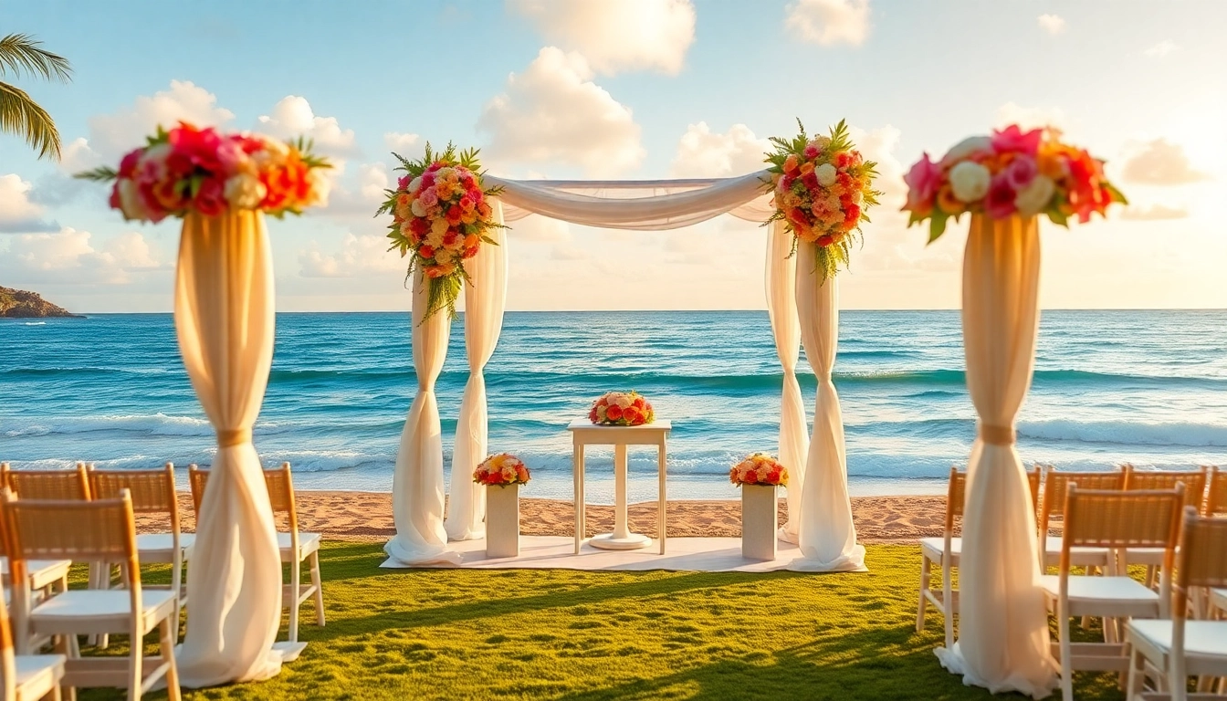 Kona wedding photographer capturing a picturesque beach ceremony with vibrant flowers and a golden sunset.