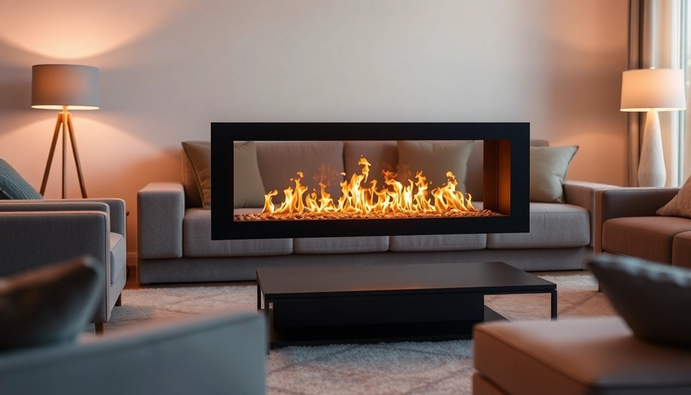 Automatic ethanol fireplace providing warm flames, featuring remote control for easy operation in a stylish setting.