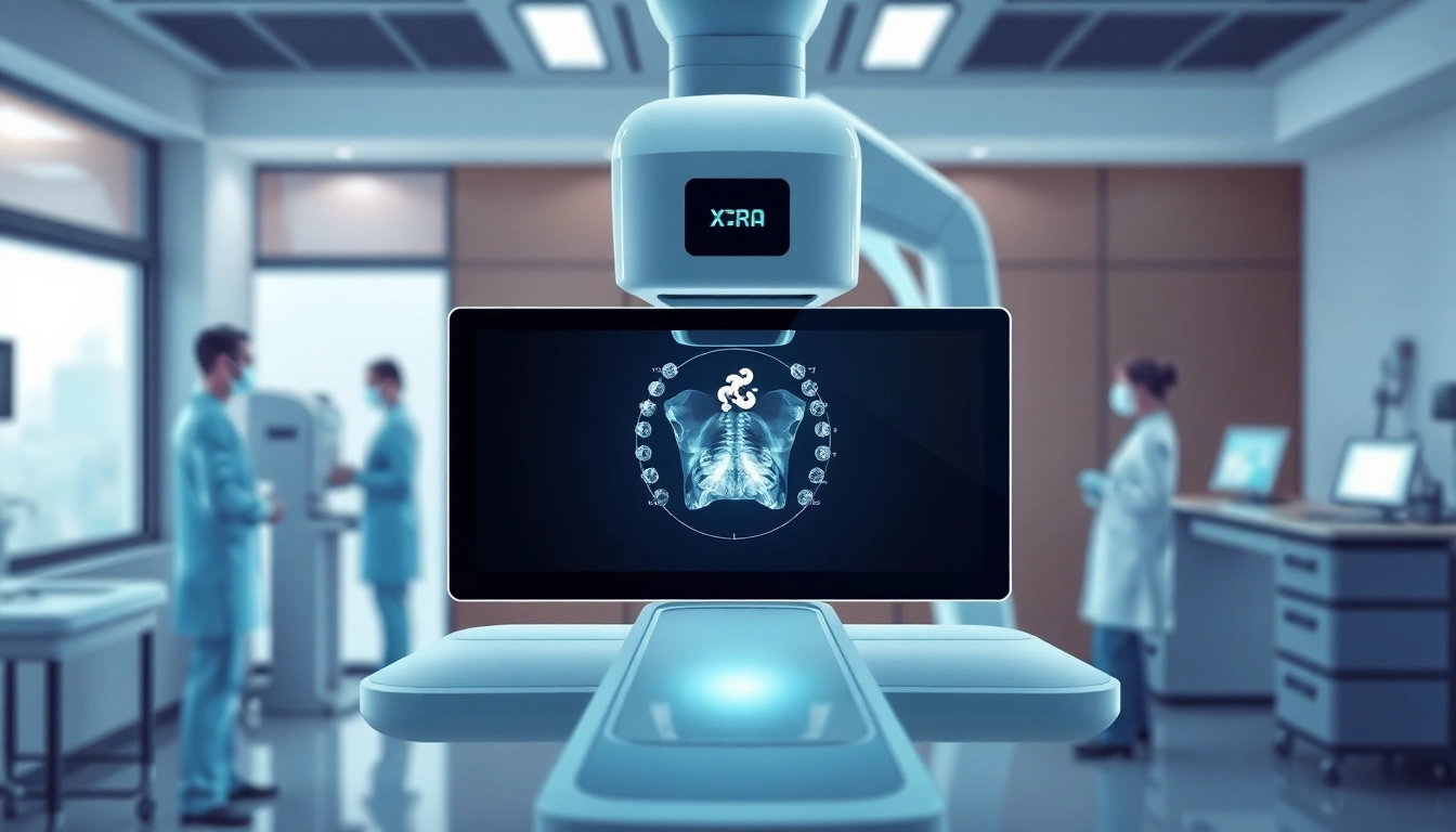 Advanced digital x-ray equipment showcasing its sleek design during patient examination.