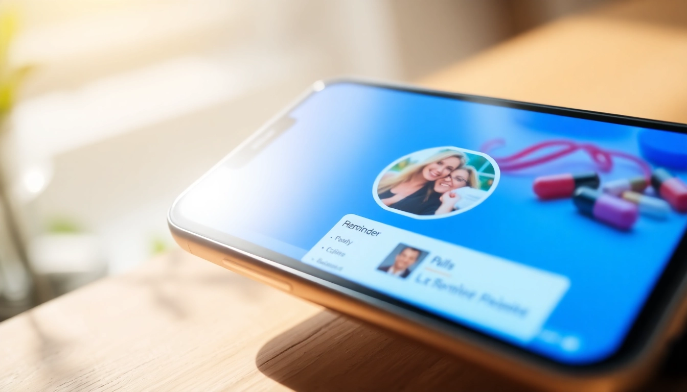 Pill reminder app interface on smartphone, showcasing features for medication tracking and alerts.