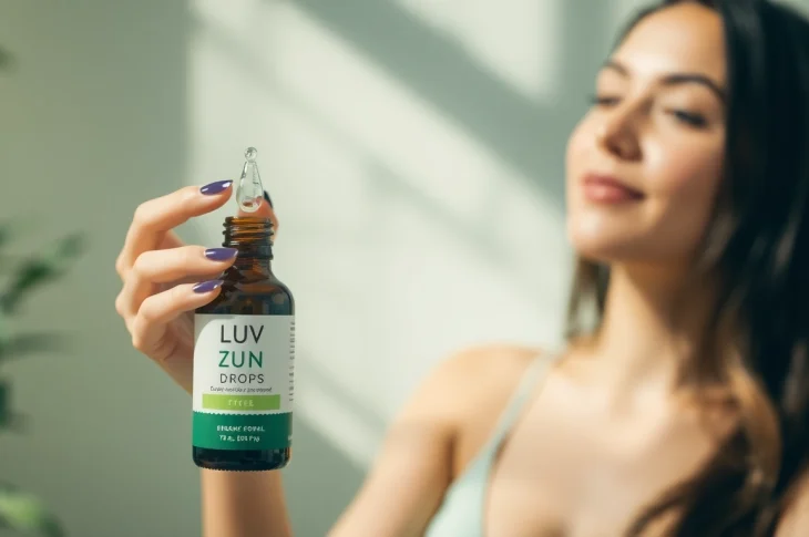 Woman using LUV Zen Drops to promote relaxation and manage stress in a peaceful environment.