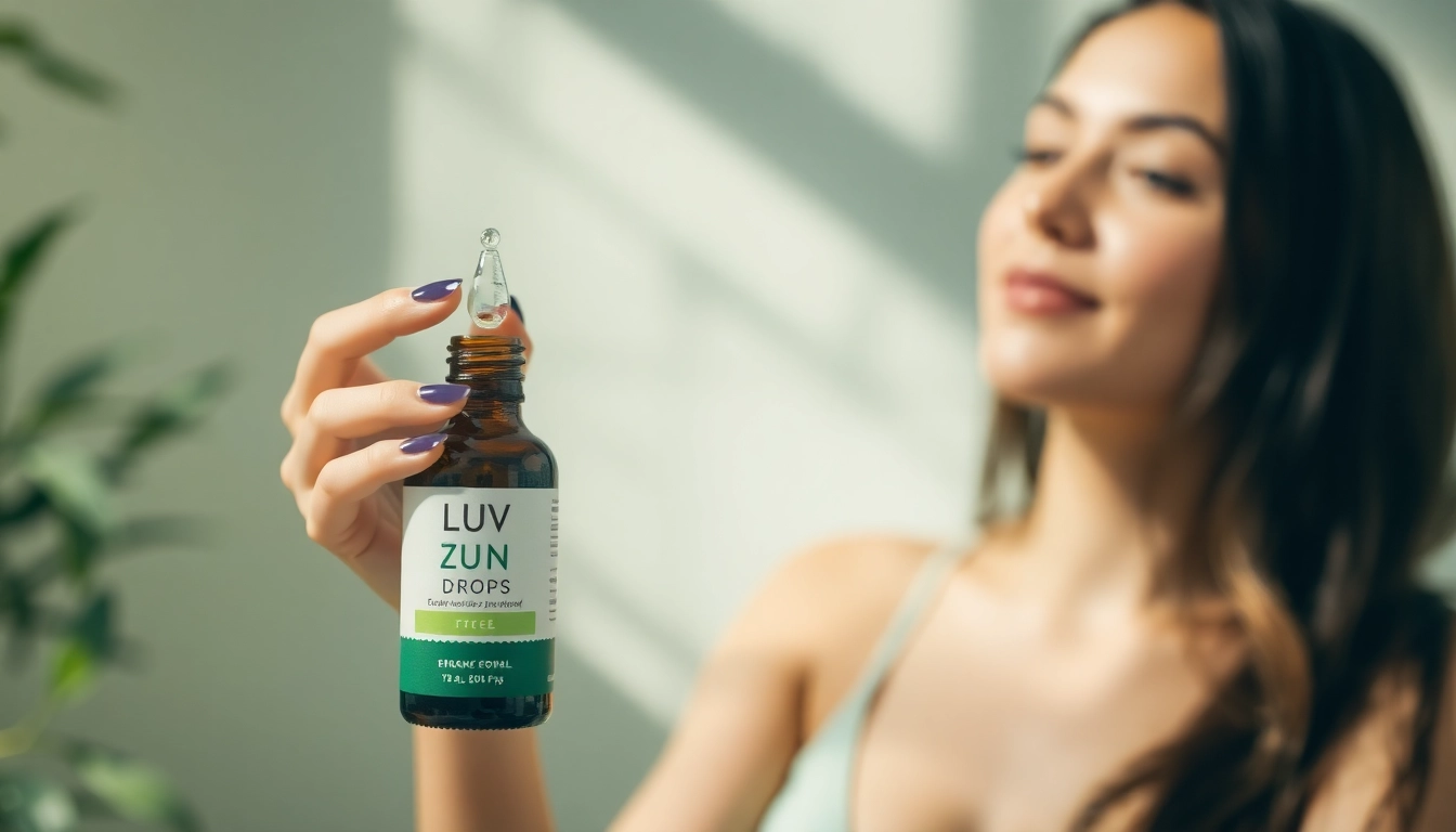 Woman using LUV Zen Drops to promote relaxation and manage stress in a peaceful environment.