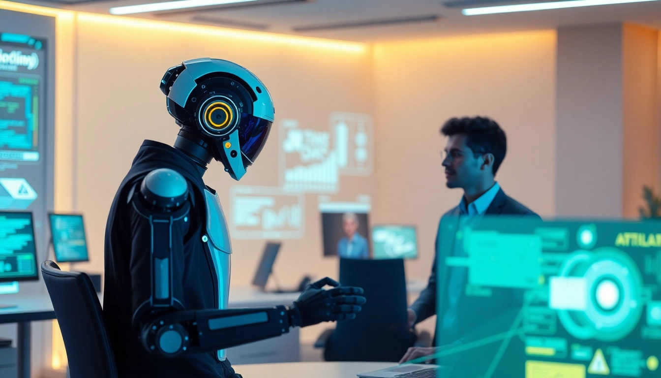 Agentic Human AI collaborates with humans in a modern workspace equipped with digital interfaces.