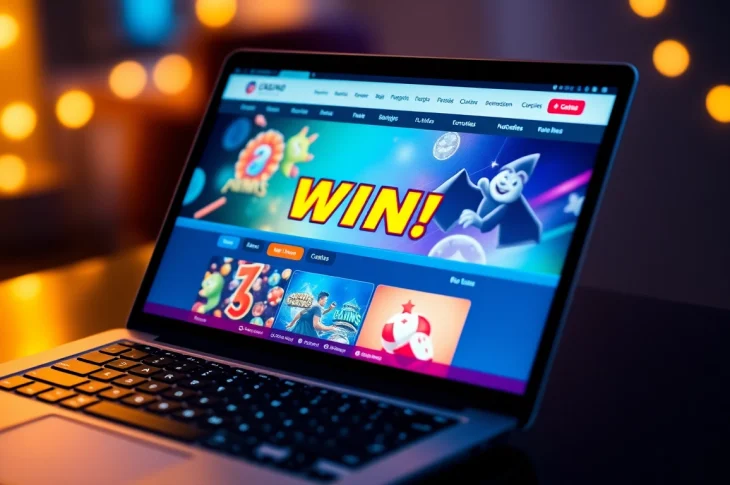 Engage in thrilling online casinos with colorful graphics and bonus announcements on a modern laptop.
