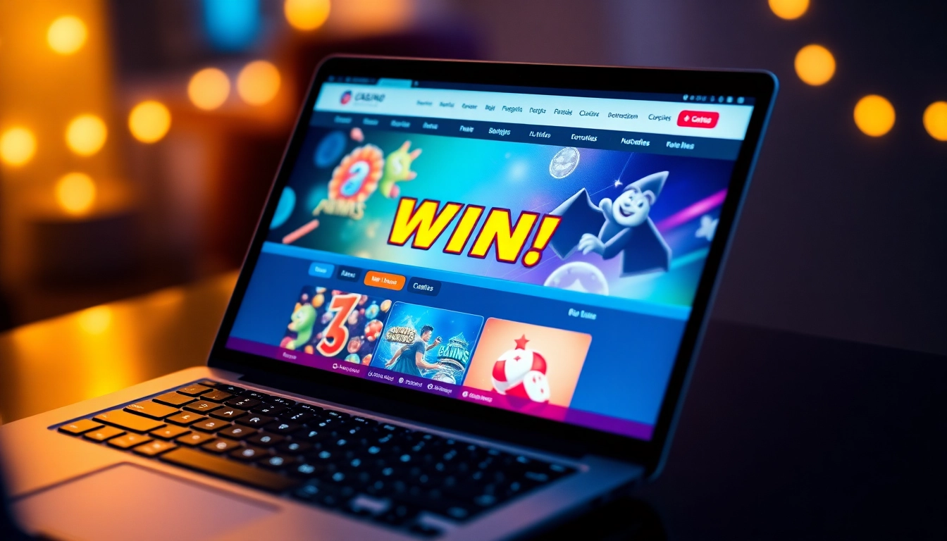 Engage in thrilling online casinos with colorful graphics and bonus announcements on a modern laptop.