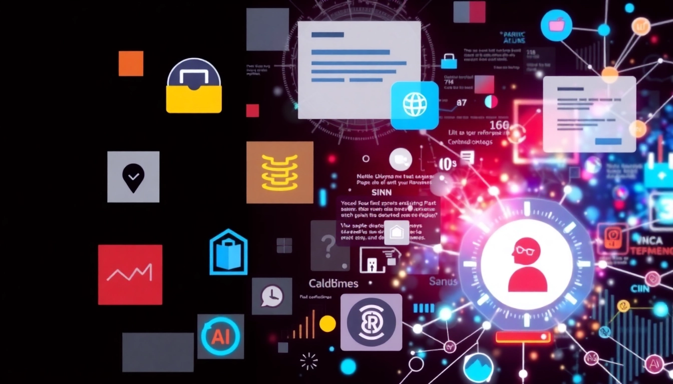 Visualize AI search technologies with vibrant data icons and tech elements seamlessly integrated.