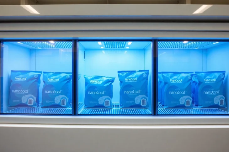 Efficient NanoCool packaging system maintaining consistent 2-8°C temperature for up to 96 hours.
