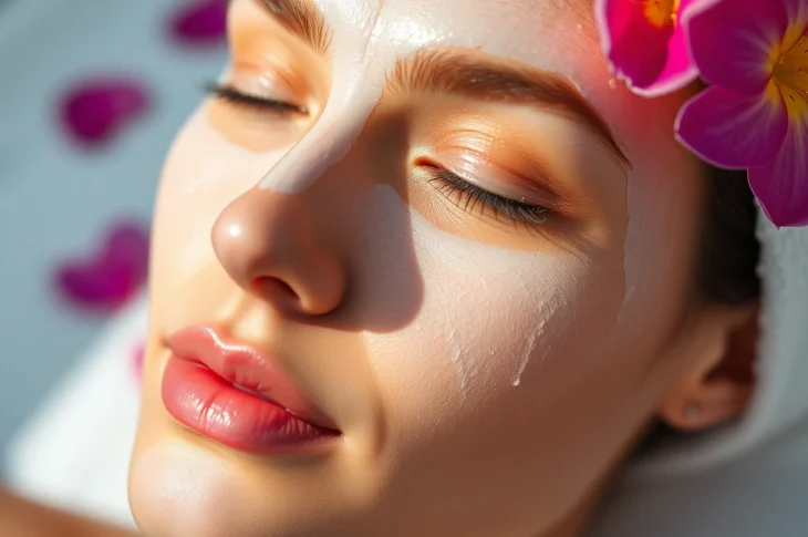 Model applying a facial mask with flower petals for a soothing skincare routine.