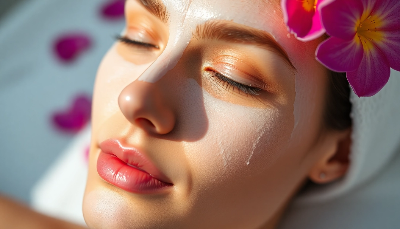 Model applying a facial mask with flower petals for a soothing skincare routine.