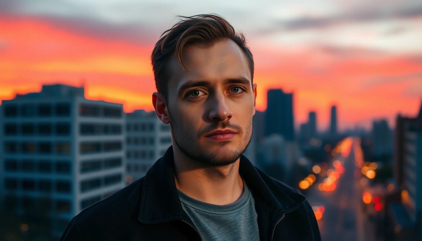 Gabriel Abramov reflecting on urban life with a city skyline backdrop.