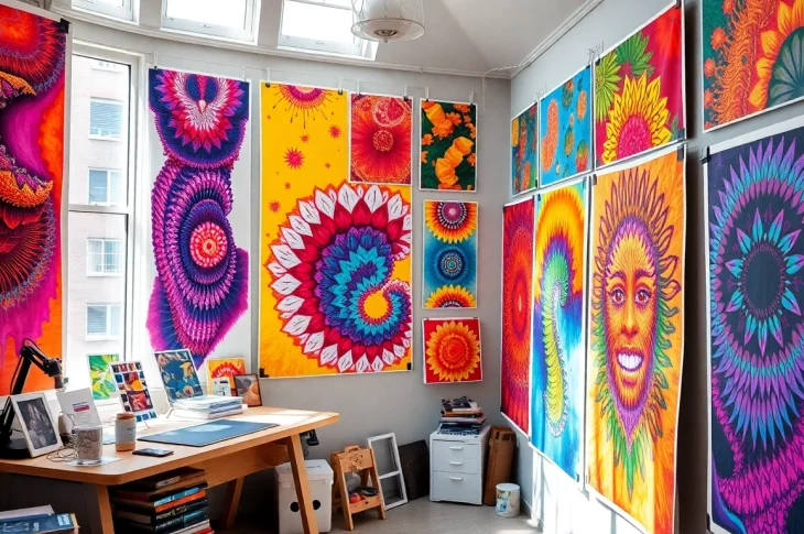 Showcase dynamic posters and prints displayed artfully in a bright workspace with vivid colors.