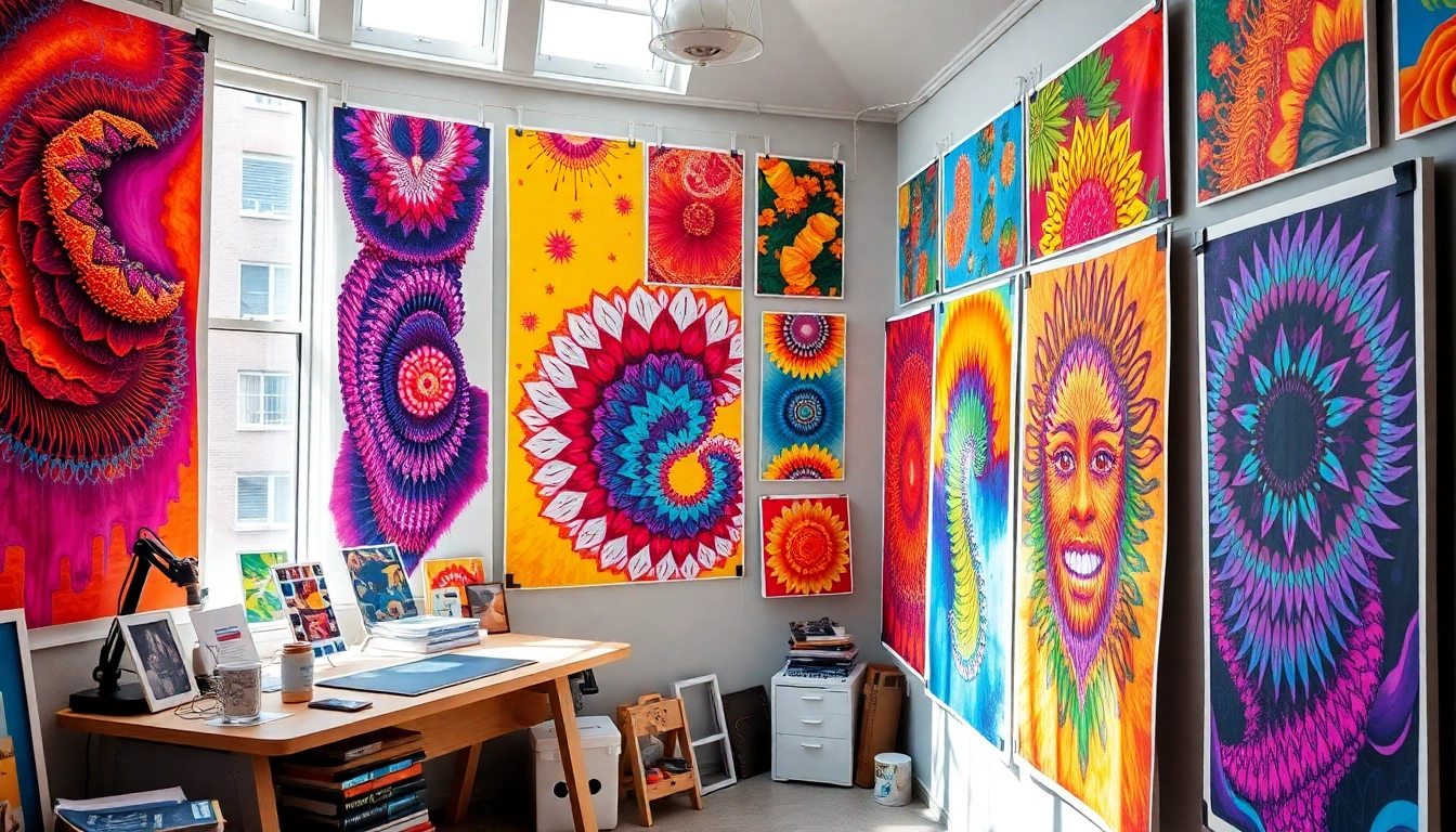 Showcase dynamic posters and prints displayed artfully in a bright workspace with vivid colors.