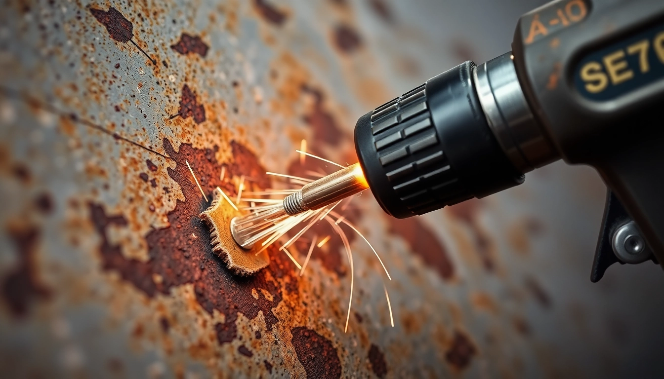 Using a needle gun to effectively remove rust from metal surfaces, showcasing its precision and power.