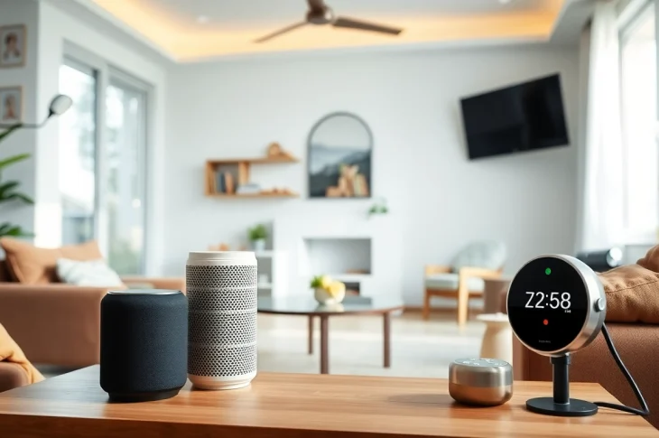 Showcase stunning smart home gadgets, including a speaker and smart bulbs, in a cozy living room setting.