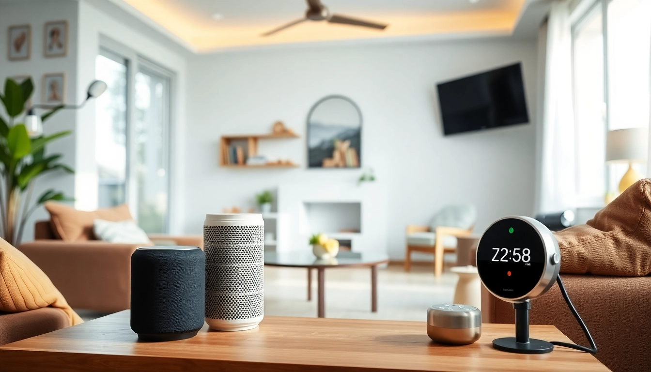 Showcase stunning smart home gadgets, including a speaker and smart bulbs, in a cozy living room setting.