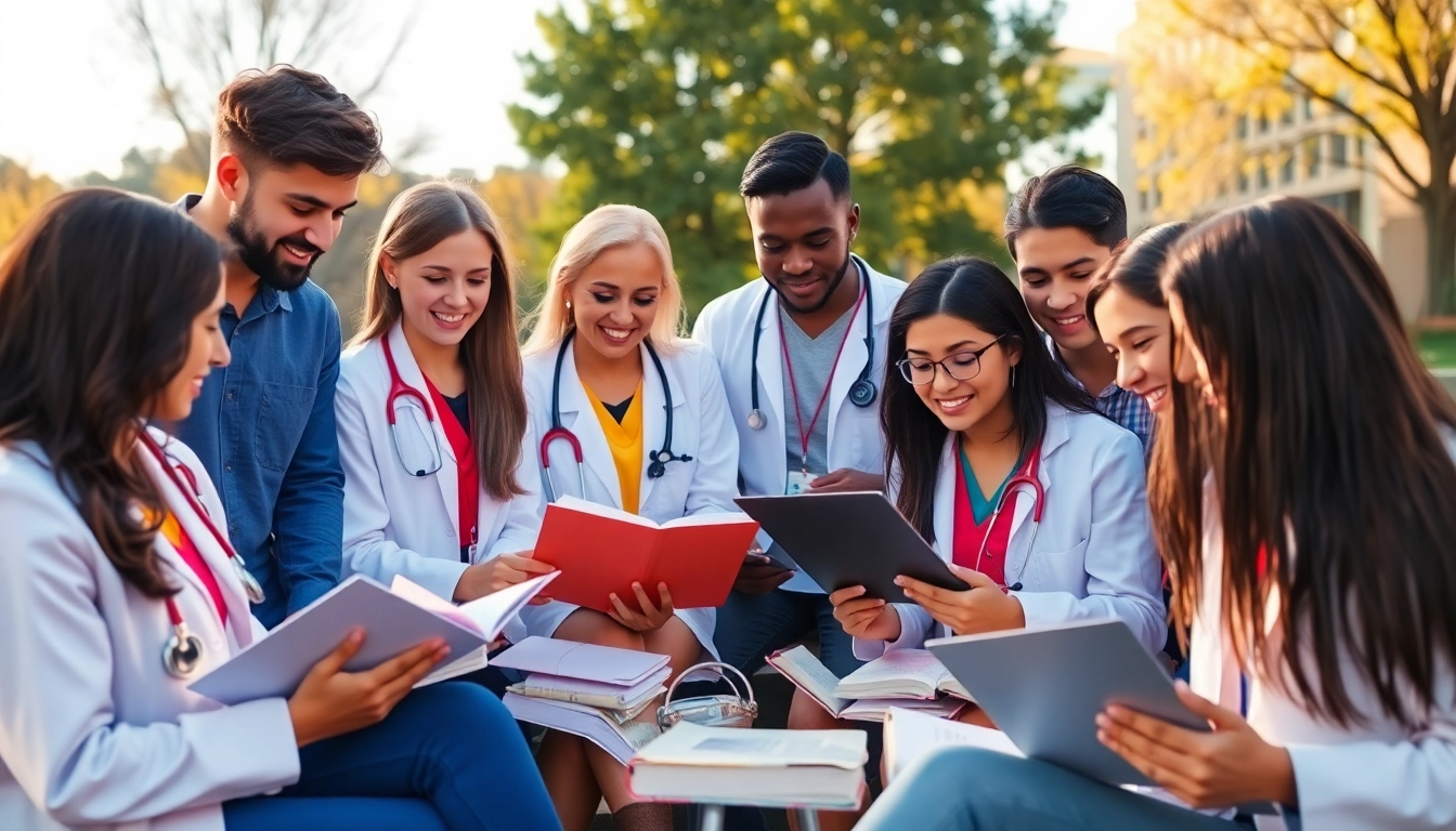 Students studying medicine in Australia unite under sunlight, sharing knowledge with textbooks and laptops.