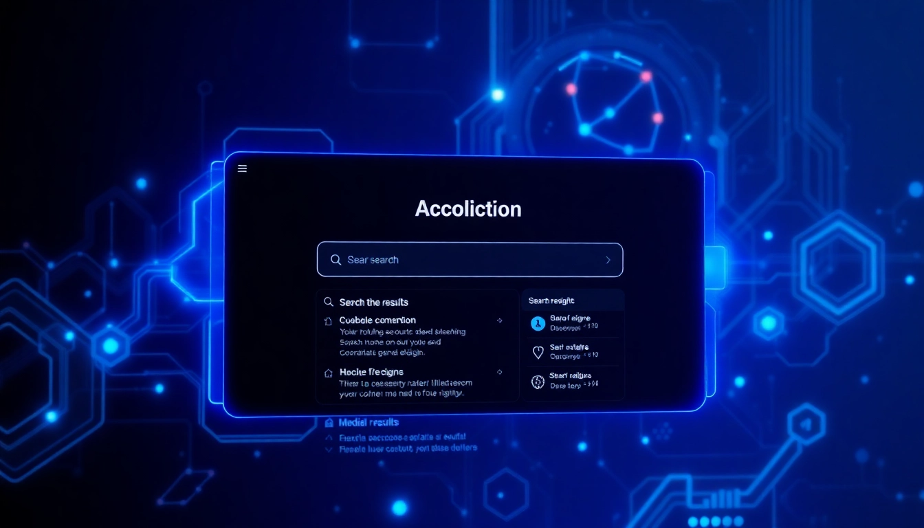 AI search engine interface displaying user-friendly results with holographic design elements.