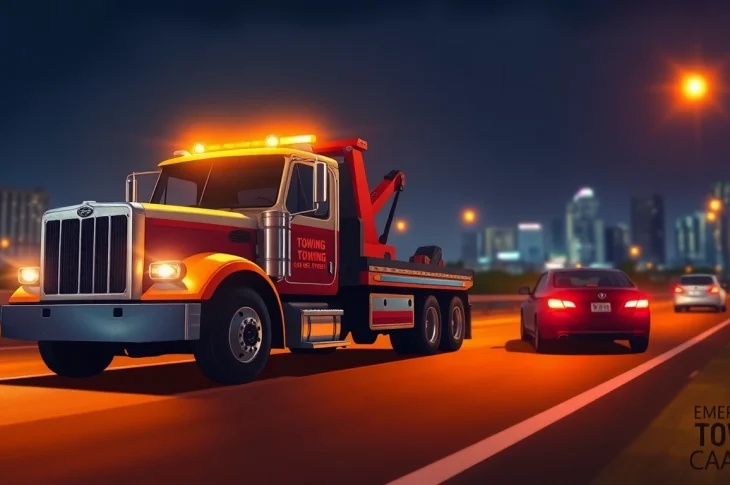 Emergency towing Tampa service in action, showcasing a tow truck assisting a stranded vehicle on Tampa highway.