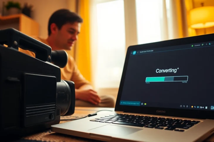 Convert MiniDV to digital format with a vintage camera and laptop setup in a cozy home.