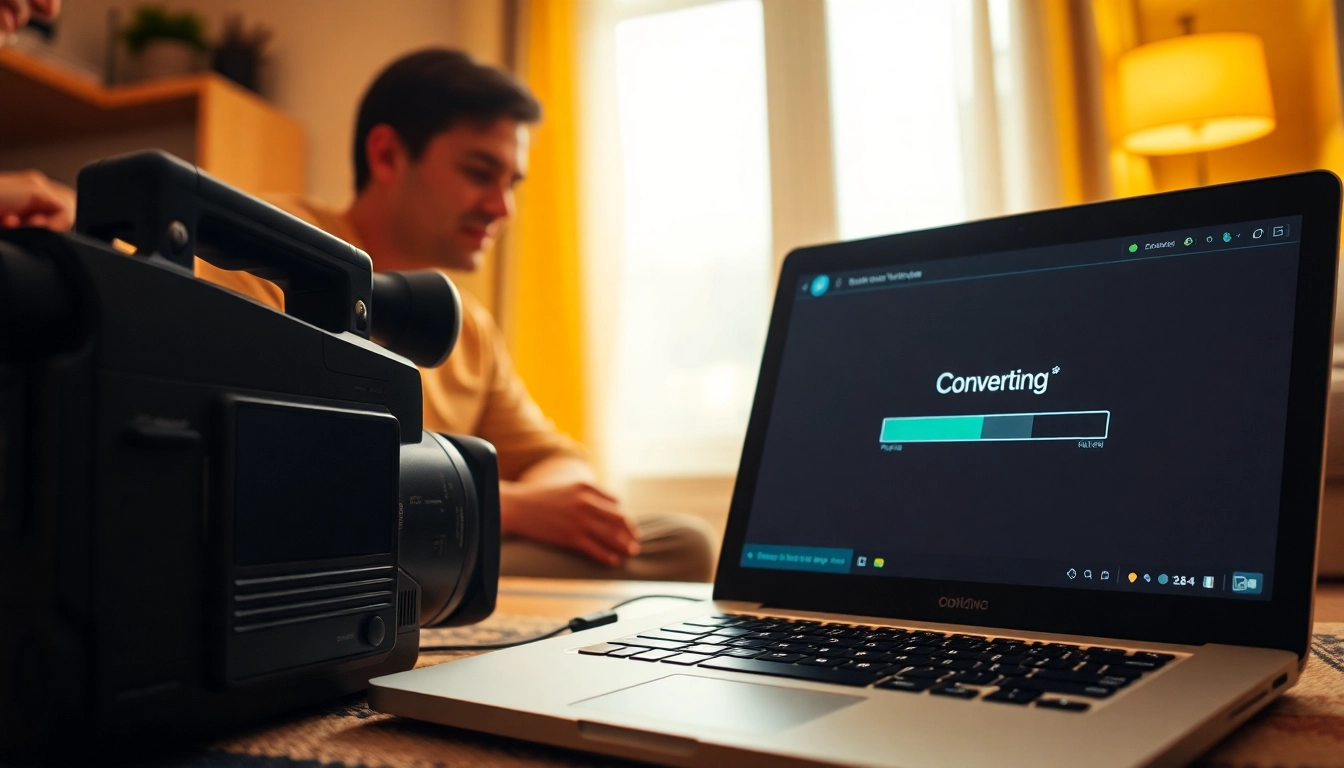 Convert MiniDV to digital format with a vintage camera and laptop setup in a cozy home.