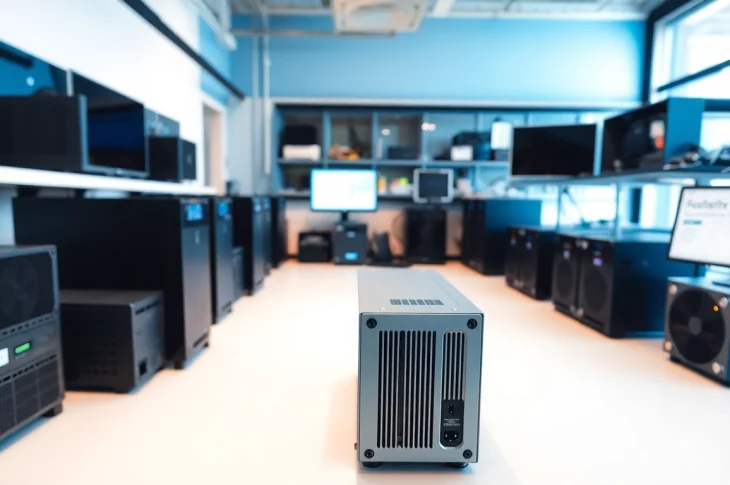 Showcase a power supply supplier highlighting premium models and advanced technology in an organized tech workspace.