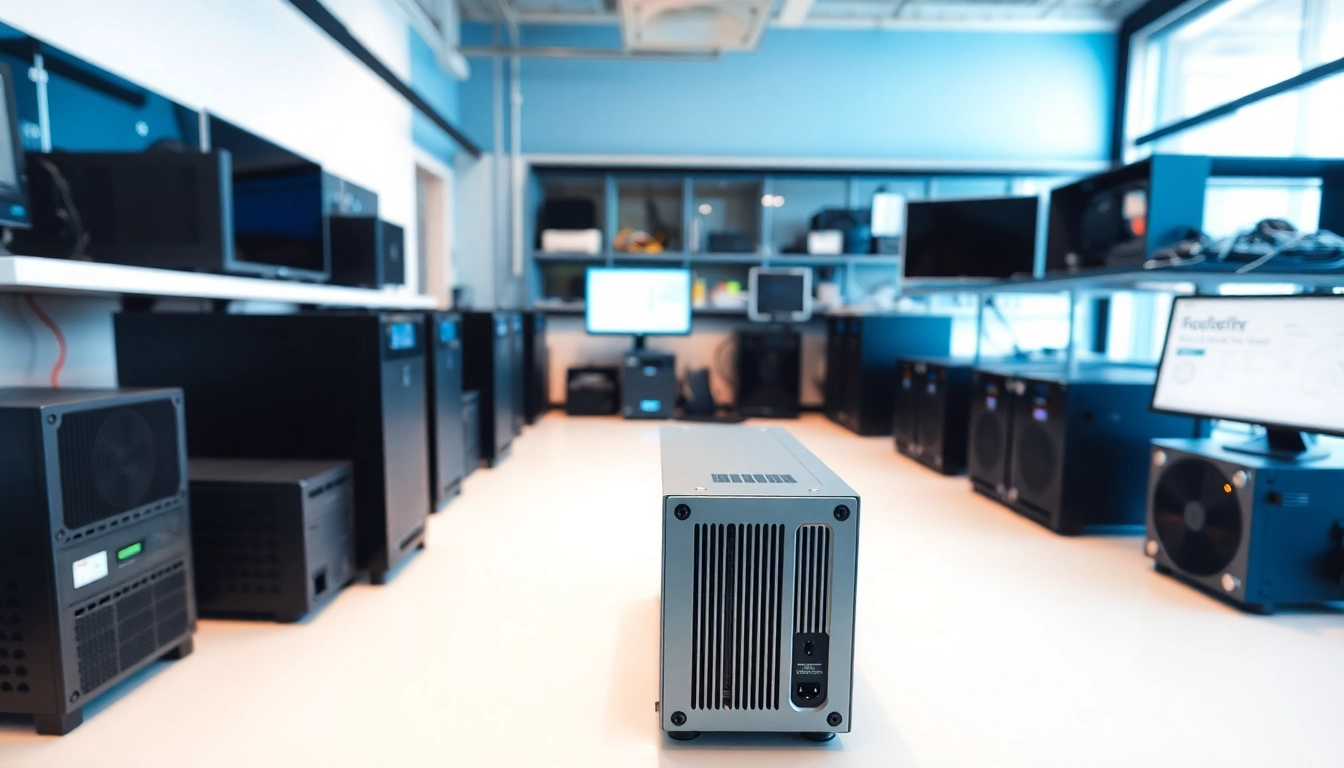 Showcase a power supply supplier highlighting premium models and advanced technology in an organized tech workspace.