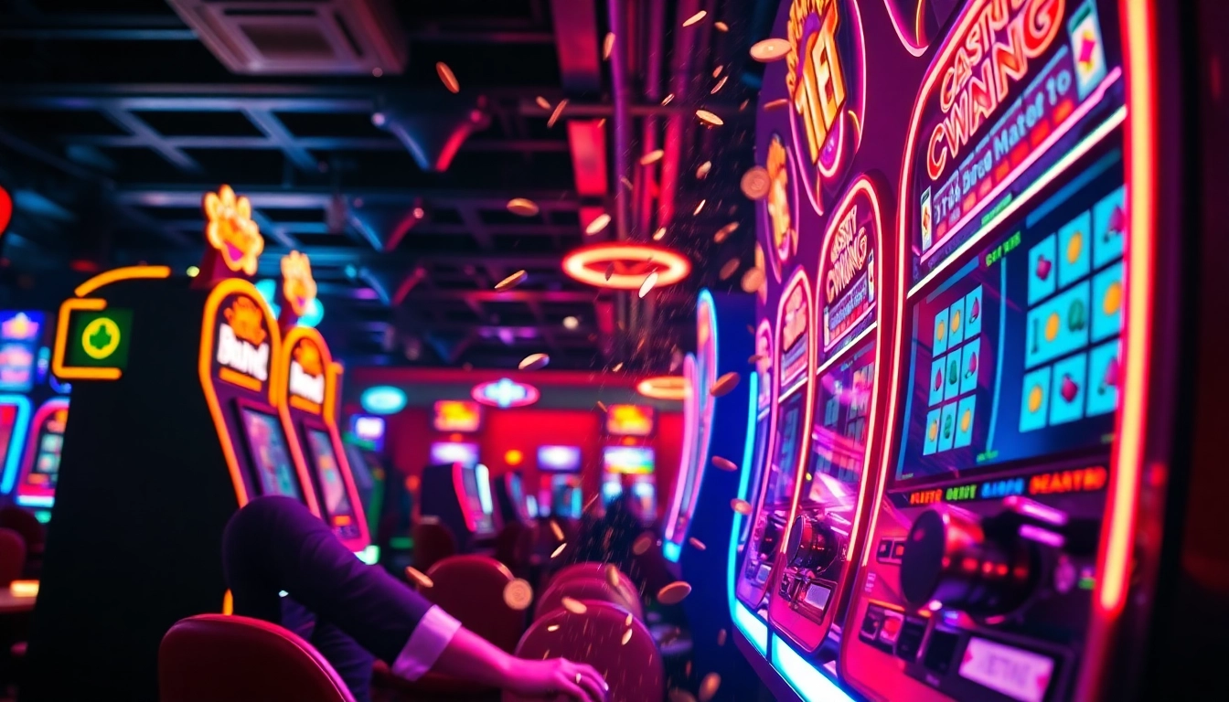 Win gambling at a colorful casino slot machine, where vibrant lights and coins surround the winner.