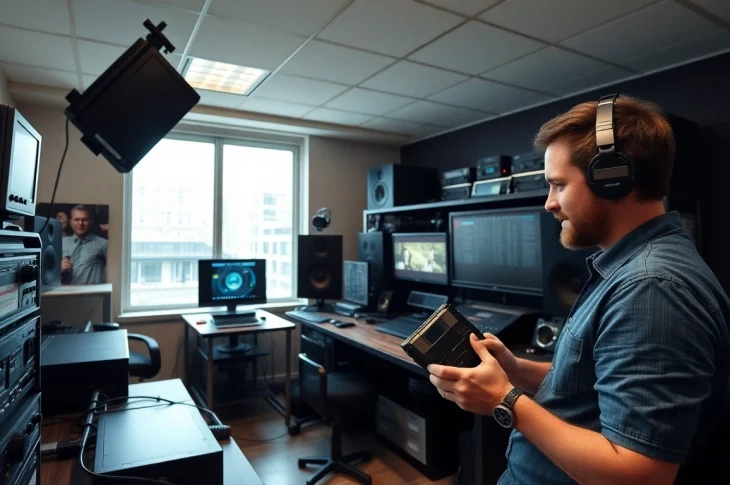 Showcase the process of Tapes To Digital UK conversion with a technician using advanced media equipment.