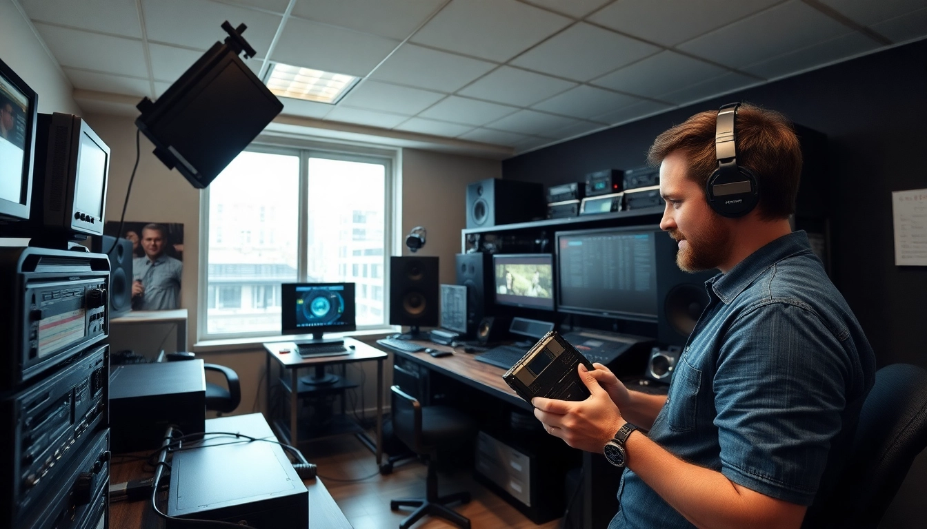 Showcase the process of Tapes To Digital UK conversion with a technician using advanced media equipment.