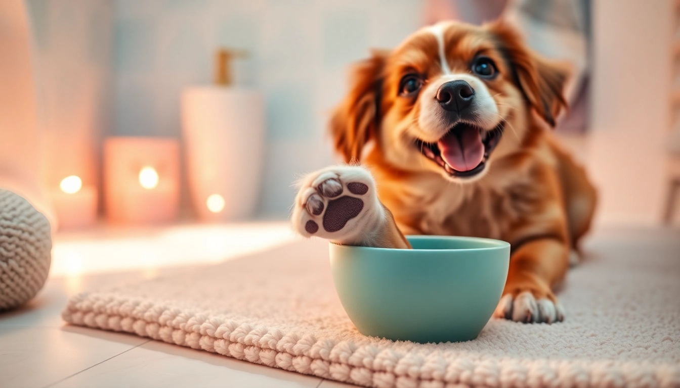Dog joyfully using a paw cleaning cup, effectively removing dirt and mud from its paws.