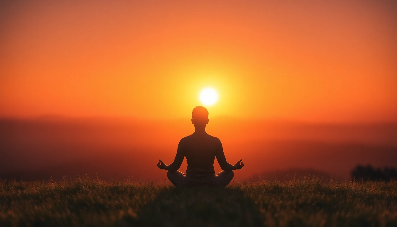 Meditating figure embracing their higher self amidst a radiant sunset in a peaceful landscape.