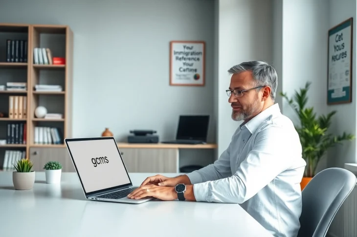 Engaged professional seeking to get gcms in a bright office with motivational decor.