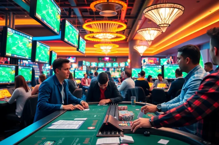 Engaged fans participating in colorado sports betting at a lively casino.
