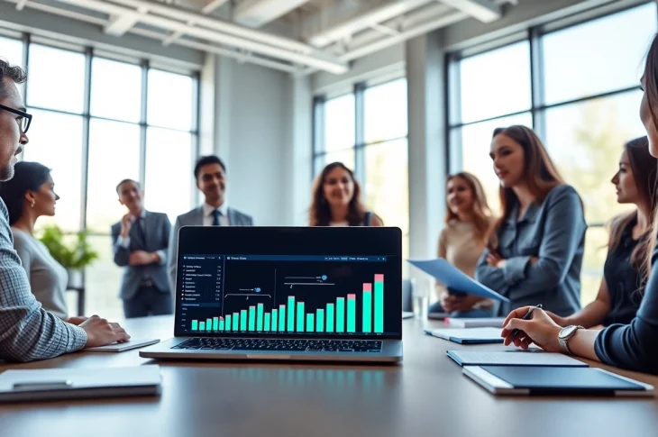 Engage with an AI presentation illustrating a dynamic team collaboration in a bright office.