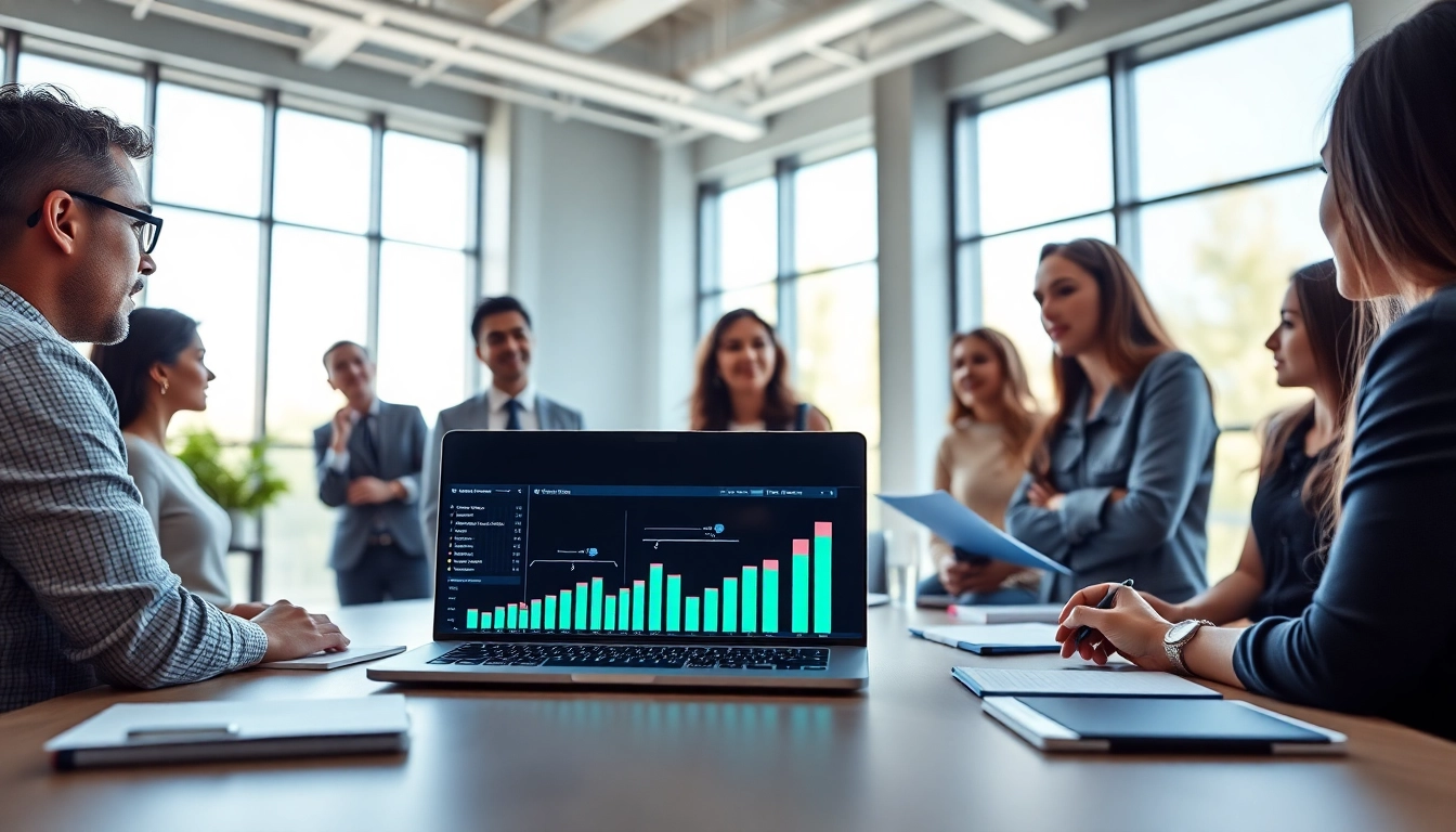 Engage with an AI presentation illustrating a dynamic team collaboration in a bright office.