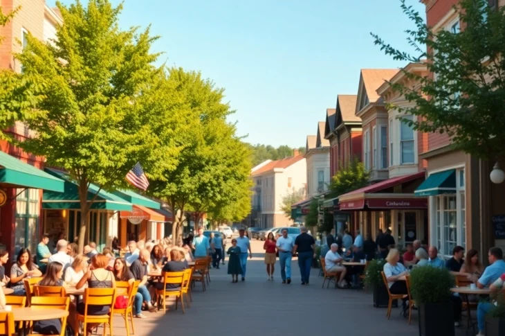 Clarksburg scene featuring bustling outdoor cafe tables and historic Victorian homes.