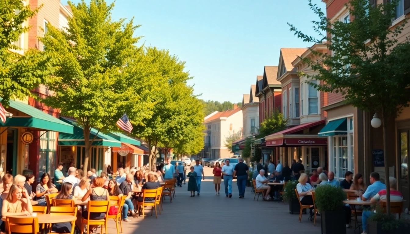 Clarksburg scene featuring bustling outdoor cafe tables and historic Victorian homes.