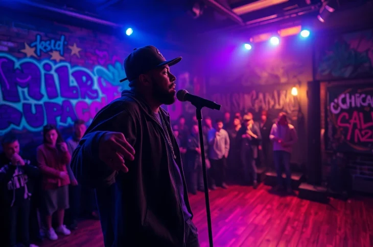 Underground rap Chicago artist passionately performing in a vibrant urban venue.