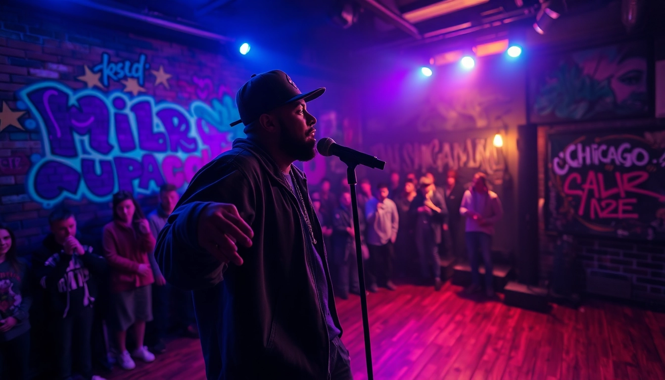 Underground rap Chicago artist passionately performing in a vibrant urban venue.