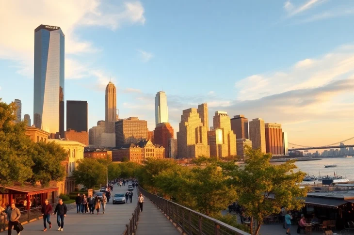 Visit Downtown Jersey City as people stroll along the waterfront, framed by a stunning skyline.