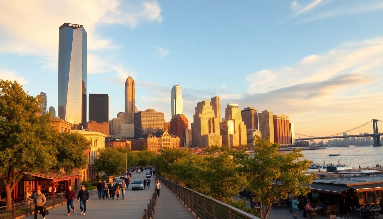 Visit Downtown Jersey City as people stroll along the waterfront, framed by a stunning skyline.