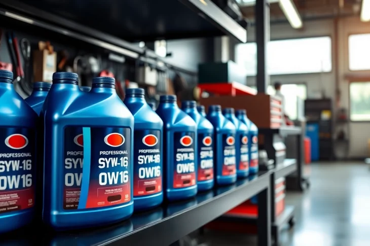 Showcase vibrant 0w-16 oil cans in a professional automotive workshop setting.