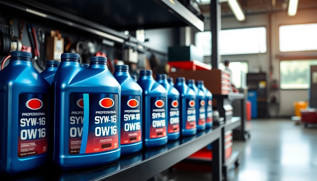 Showcase vibrant 0w-16 oil cans in a professional automotive workshop setting.