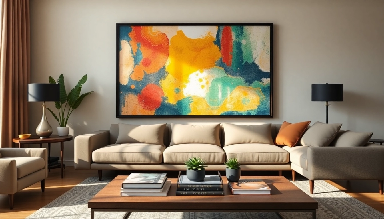 Display an elegant 36x48 frame holding vibrant artwork in a stylish living room setting.
