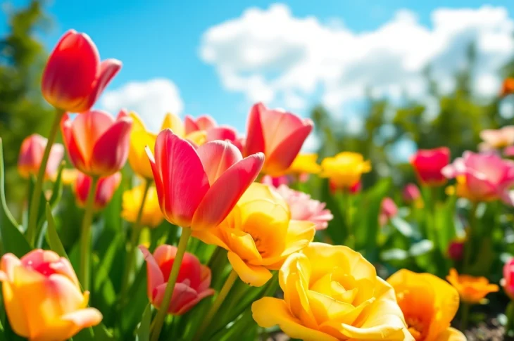 Brightly arranged Irvine flowers showcase tulips and roses in a serene garden atmosphere.