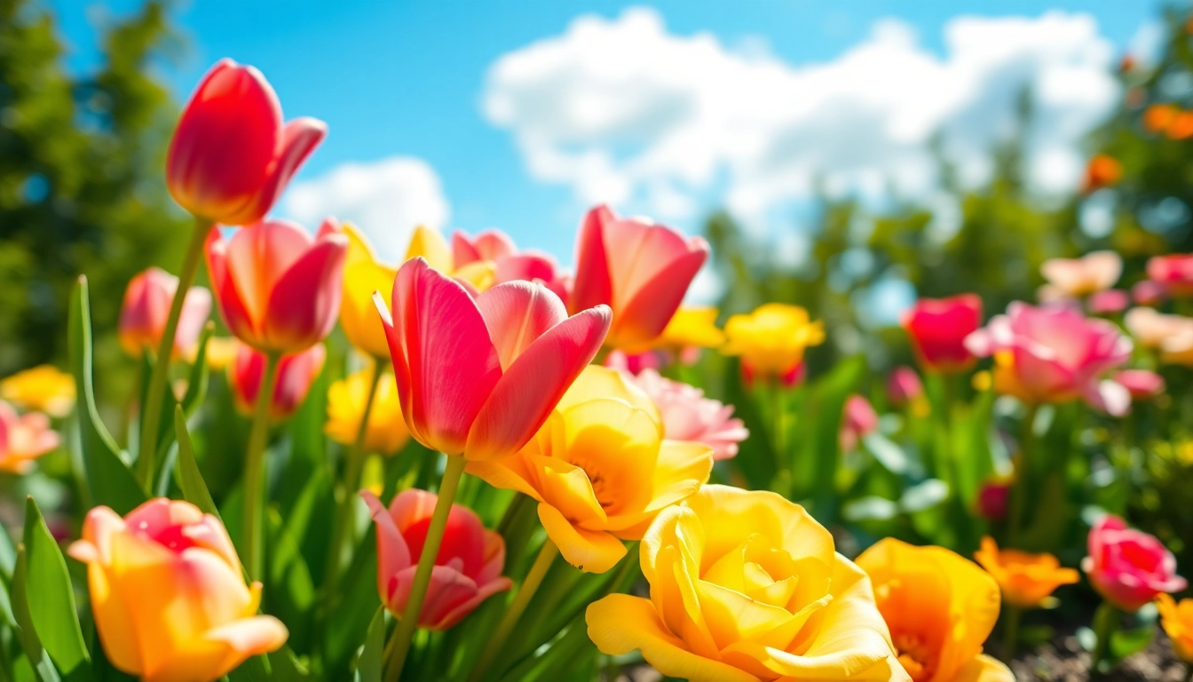 Brightly arranged Irvine flowers showcase tulips and roses in a serene garden atmosphere.
